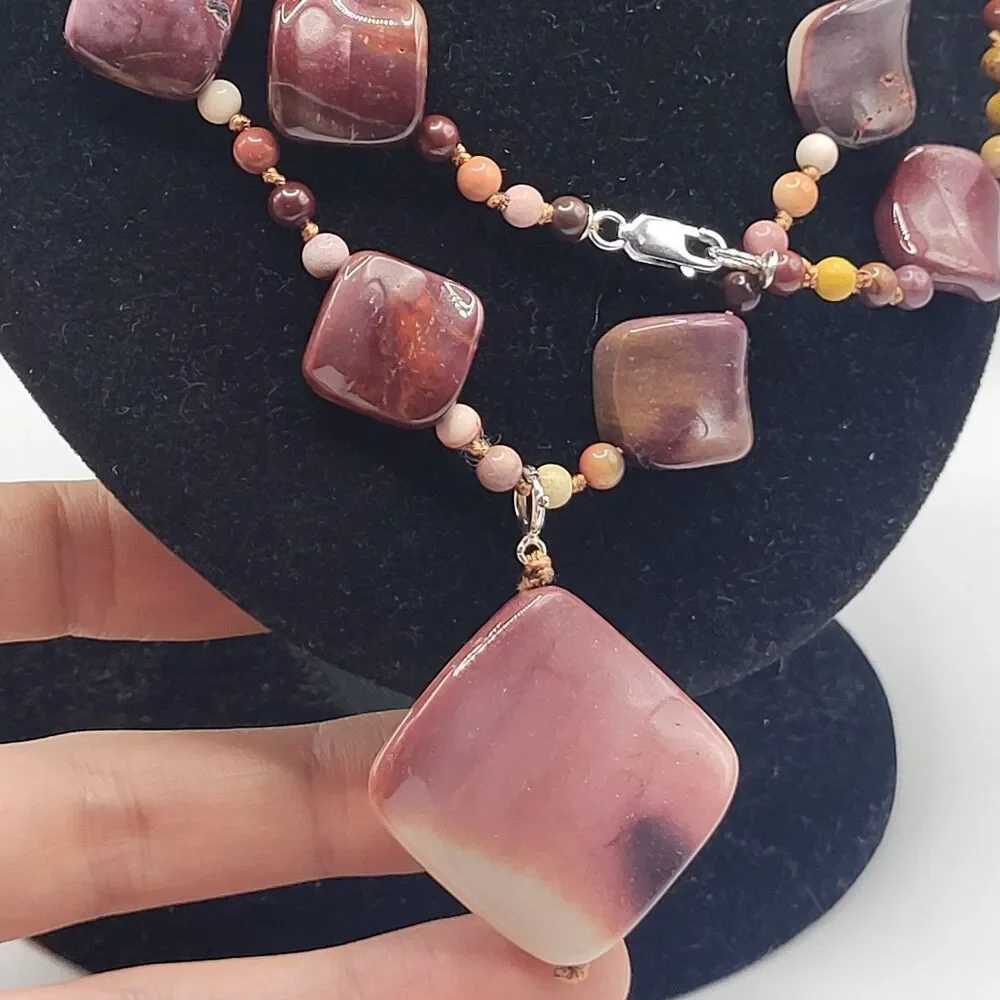 Mookaite Jasper Pendant Necklace Long Strand 36in Knotted Cord